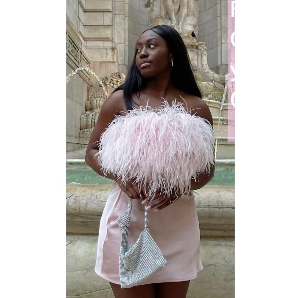 SGinstar Pink Ostrich Feather Fuzzy Sleeveless Cami Camisole Crop Tank Top Sz S - Picture 3 of 12